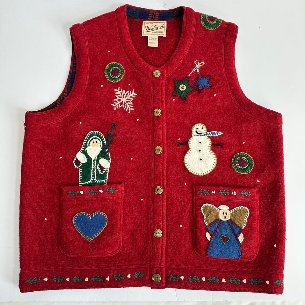 Vintage Woolrich Medium Wool Christmas Vest Red Embroidered Holiday Festive